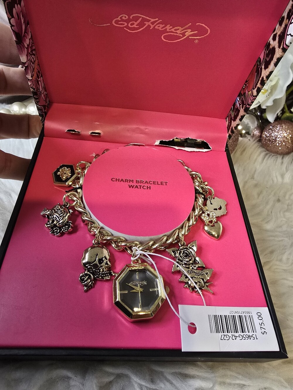 Ed Hardy Lobster closure, Gold tone bracelet, octagon shaped watch new